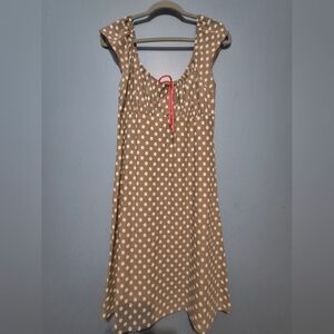 Polka Dot Tan Backless Dress with Pink Tie Accent